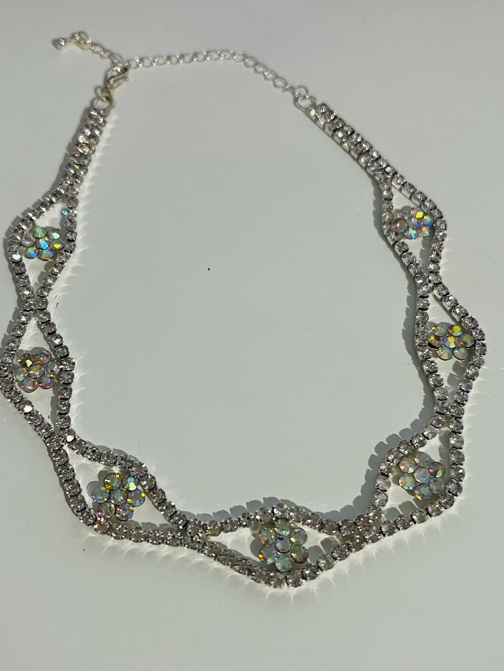 Rhinestone Flower Statement Necklace - Silver Tone